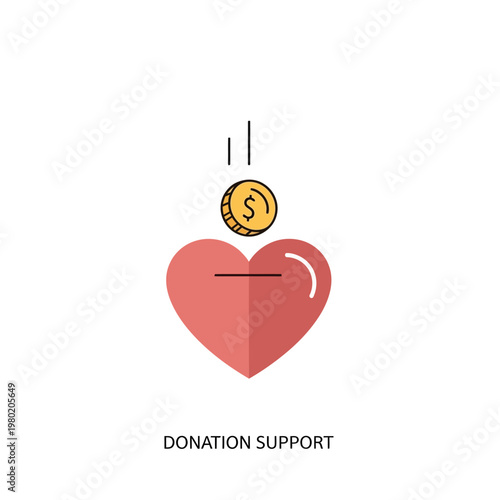 Conceptual illustration of financial giving and support, with a dollar coin dropping into a heart, representing charity, philanthropy, and generosity