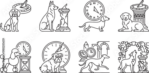 Patient dogs waiting by ancient sundials and modern clocks throughout history