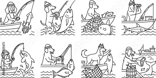Cute dog breeds enjoying fishing activities on boats with various sea creatures