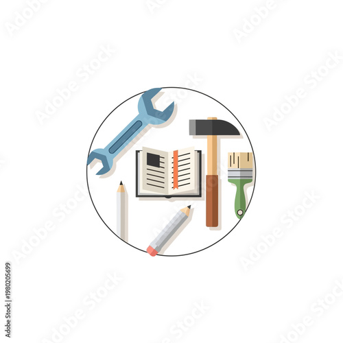 A circular emblem depicting a collection of DIY and repair tools, including a wrench, hammer, brush, and book, symbolizing home improvement and construction projects