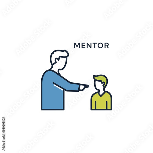 Modern flat icon depicting a professional mentor providing valuable guidance and career training to a young mentee, highlighting leadership and educational support