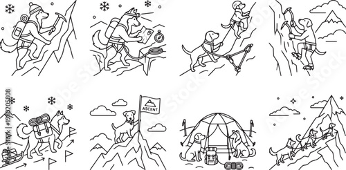 Adventurous dogs hiking and mountain climbing in a snowy landscape