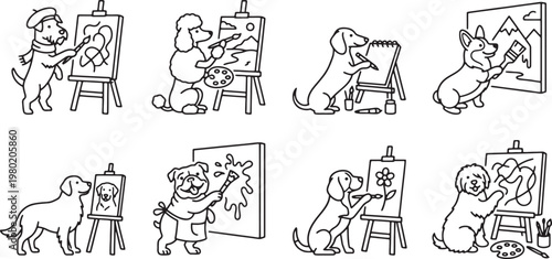 Creative artist dogs painting on easels in a studio environment