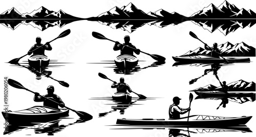 Flat Vector Illustration of Person Kayaking on Calm Mountain Lake, Minimalist Outdoor Adventure Sport Design Isolated on White - Vector Stock 