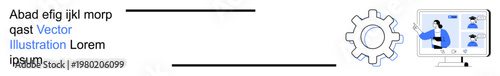Remote work, teamwork, collaboration tools, online meetings, productivity, workflow optimization. Gear icon beside a monitor showing video call participants. Remote work and teamwork