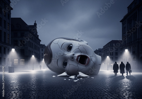 sculpture of a giant head in a city square