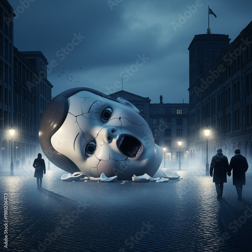 sculpture of a giant head in a city square