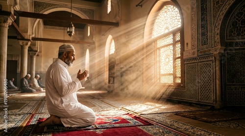 Spiritual devotion - Muslim man praying in a mosque with sunlight.