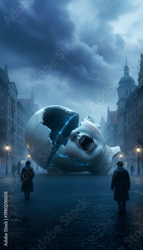 sculpture of a giant head in a city square