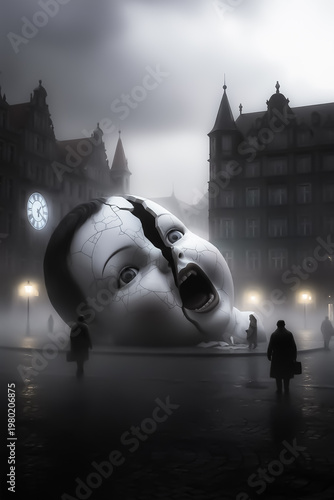 sculpture of a giant head in a city square