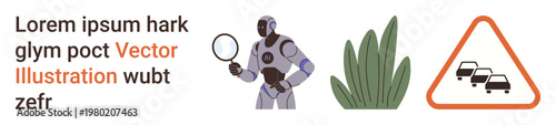 Artificial intelligence, research, traffic safety, futuristic technology, environment, analysis. A humanoid robot holds a magnifying glass beside greenery and a traffic warning sign. AI research