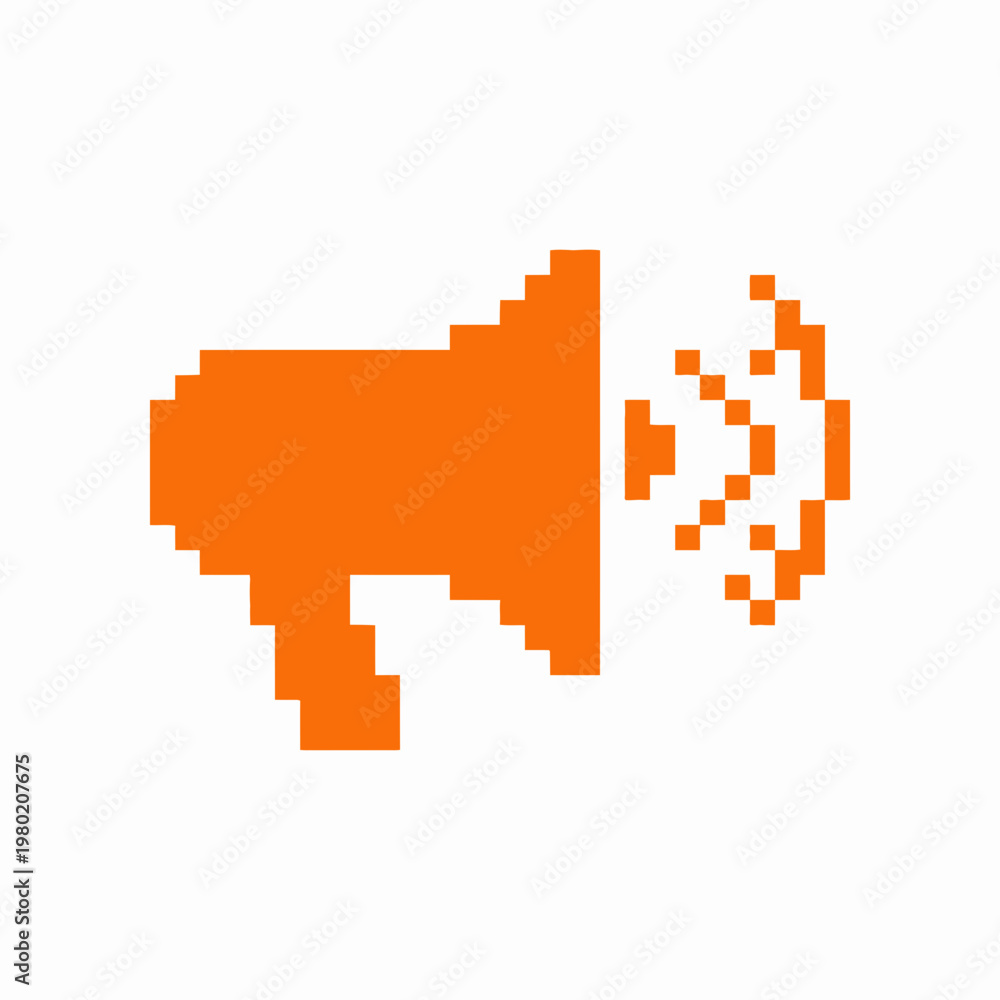 Obraz premium A vibrant orange pixelated megaphone icon emits sound waves