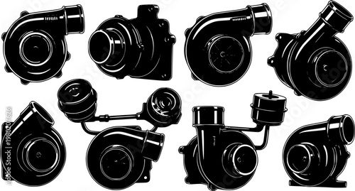 High Performance Automotive Turbocharger Close-Up, Modern Car Engine Part with Metallic Chrome Detail and Cinematic Lighting - Vector Stock 