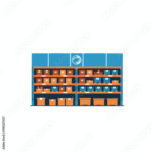 Modern industrial warehouse shelving with storage bins and boxes for logistics and inventory management