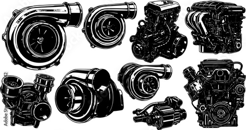 High Performance Automotive Turbocharger Close-Up, Modern Car Engine Part with Metallic Chrome Detail and Cinematic Lighting - Vector Stock 