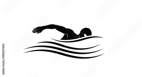 A minimalist black silhouette depicts a swimmer in motion cutting through stylized waves