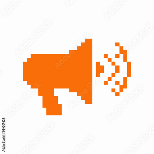 A vibrant orange pixelated megaphone icon emits sound waves