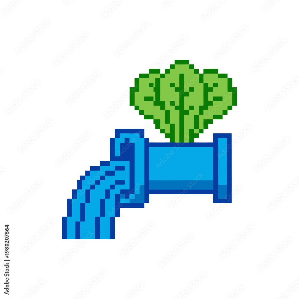 Fototapeta premium A green icon leaf emerges from a blue pipe with flowing water.