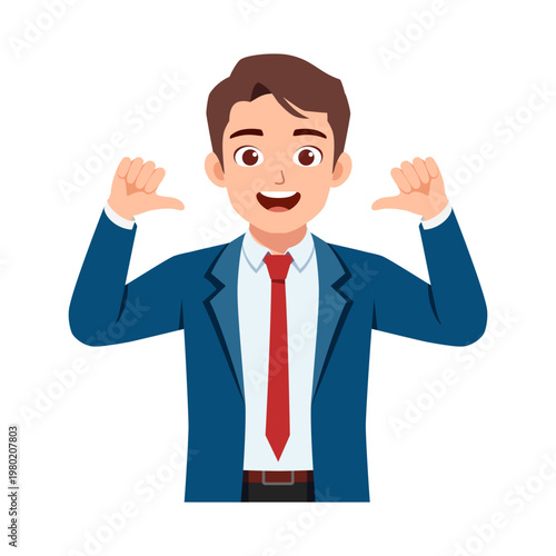 Happy Young Businessman Pointing Thumbs at Himself Expressing Self Confidence and Pride in Flat Illustration Style