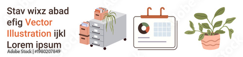 Office organization, task management, workplace productivity, event planning, file storage, greenery decor. Filing cabinet, wall calendar potted plant. Office organization and task management