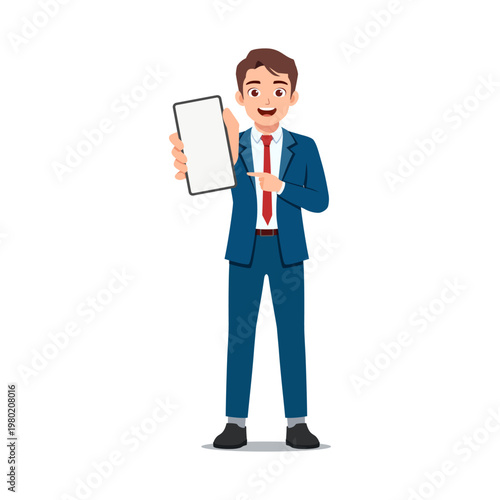 Young Asian businessman smiling happily holding a blank smartphone and pointing at the screen presenting a new app