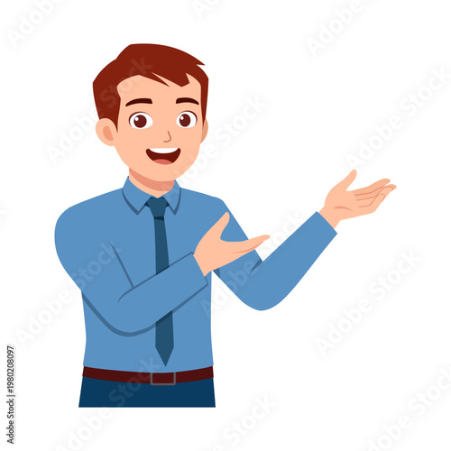 Happy smiling man gesturing with open hands presenting an idea or explaining something with confidence