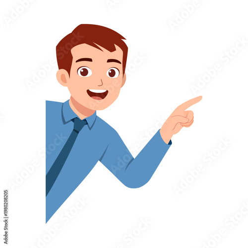 Happy man in blue shirt pointing right from behind a white wall smiling cheerfully