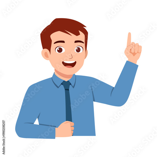 Young Caucasian man smiling cheerfully pointing finger up wearing blue shirt and tie a great idea concept