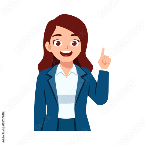 Happy young Asian business woman smiling and pointing up with an idea expression wearing blue suit