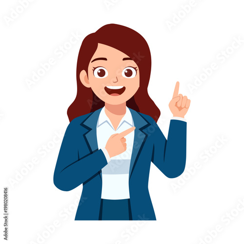 Young smiling business woman pointing up and sideways with both hands expressing a cheerful happy mood
