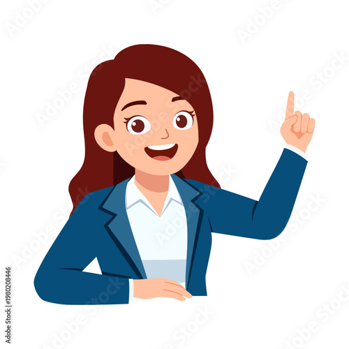 Smiling cartoon woman in blue blazer pointing up showing idea happy confident and insightful expression