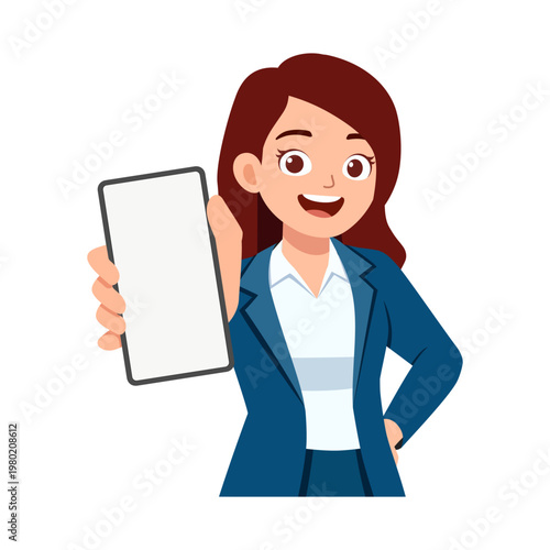 Happy young woman in blue business suit smiling cheerfully presenting blank smartphone screen