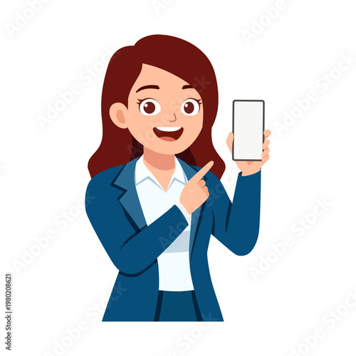 Smiling Asian Businesswoman Presenting a Smartphone Displaying a Blank Screen with Confidence and Joy