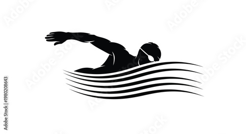 A silhouetted swimmer powerfully moves through the water showcasing the freestyle stroke in a dynamic pose