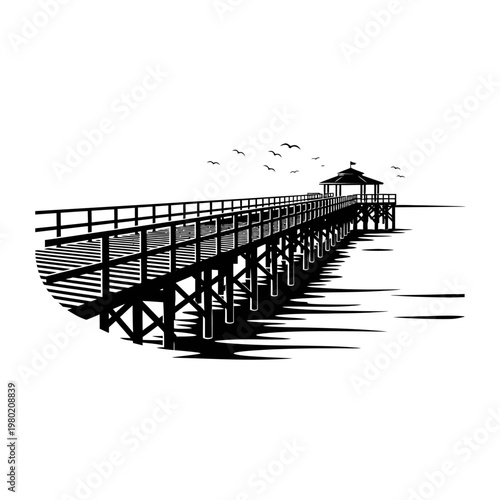 Elegant black and white drawing of a serene wooden pier leading to a gazebo, spanning calm waters with birds in flight, evoking coastal peace and relaxation