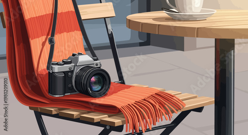 Camera on orange chair.
