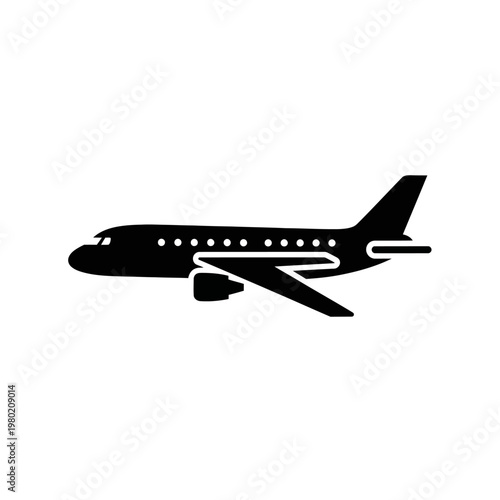 Solid black airplane silhouette icon. Represents air travel, global transport, and aviation. Essential graphic for modern design applications