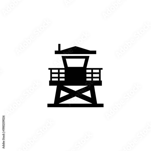 Bold graphic illustration of a lifeguard station in black silhouette, symbolizing beach safety, coastal surveillance, and ocean rescue services