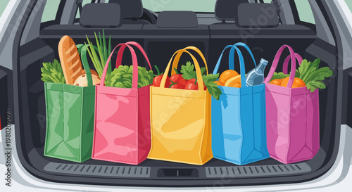 Colorful reusable grocery bags.