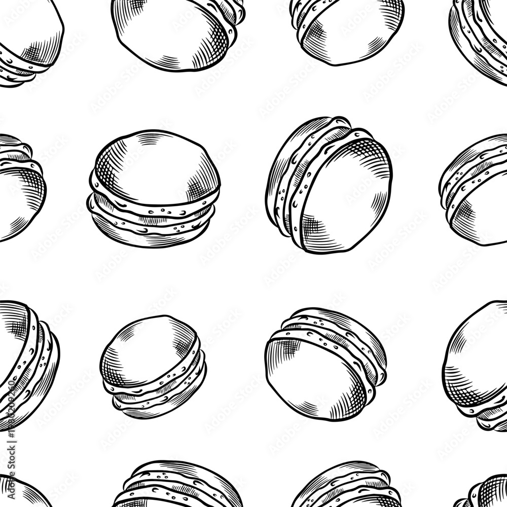 Fototapeta premium Vector sweets background. Seamless hand-drawn pattern with black and white French sweets and macarons for fabric, decor, and elements