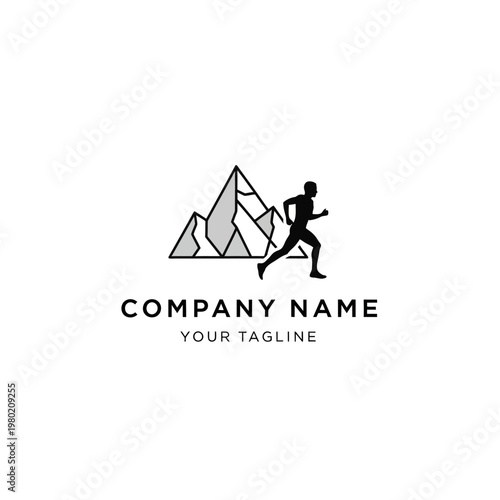 Man running in front of mountain logo design.
