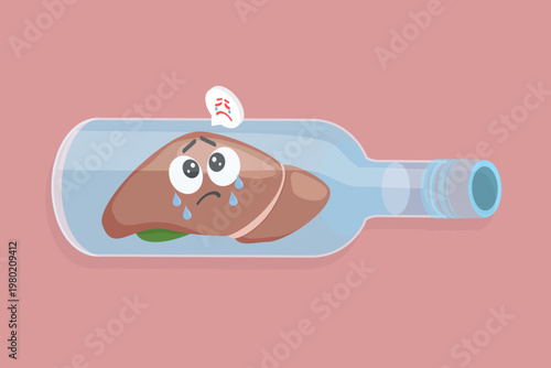 3D Isometric Flat Vector Illustration of Sad Alcoholic Liver, Suffering From Alcoholism And Illness Trapped Inside Bottle Of Liquor