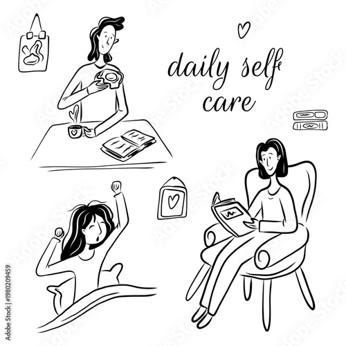 Vector illustration of girls taking care of their mental health in doodle style. Self-care, Harmony