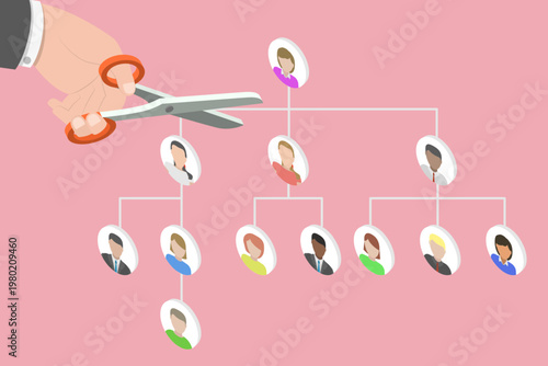 3D Isometric Flat Vector Illustration of Company Reduce, Cutting Non-Performing Jobs From Organizational Chart Divisions