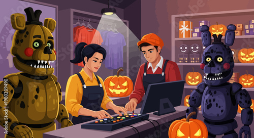 FNAF characters at desk.