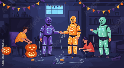 Kids in Halloween costumes.