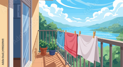 Laundry on balcony outdoors.
