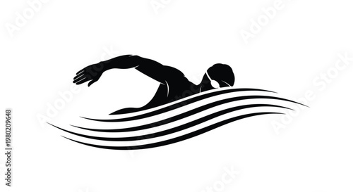 A stylized black silhouette of a swimmer performing the freestyle stroke in wavy water