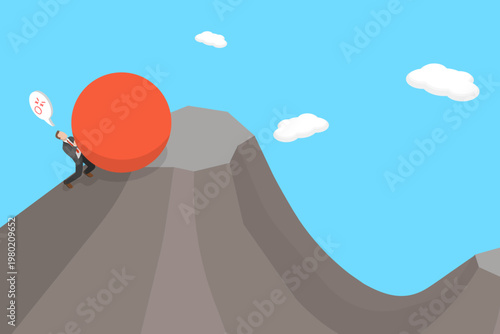 3D Isometric Flat Vector Illustration of Futile Task, Business Professional Pushing Boulder Uphill