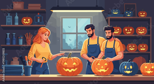 People Carving Pumpkins Together.